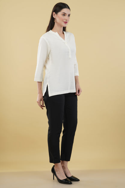 OFF WHITE LINEN SHORT KURTA - SAFED DHAGA 