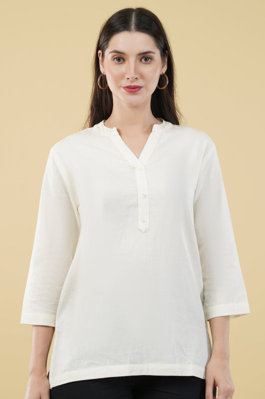 OFF WHITE LINEN SHORT KURTA - SAFED DHAGA 