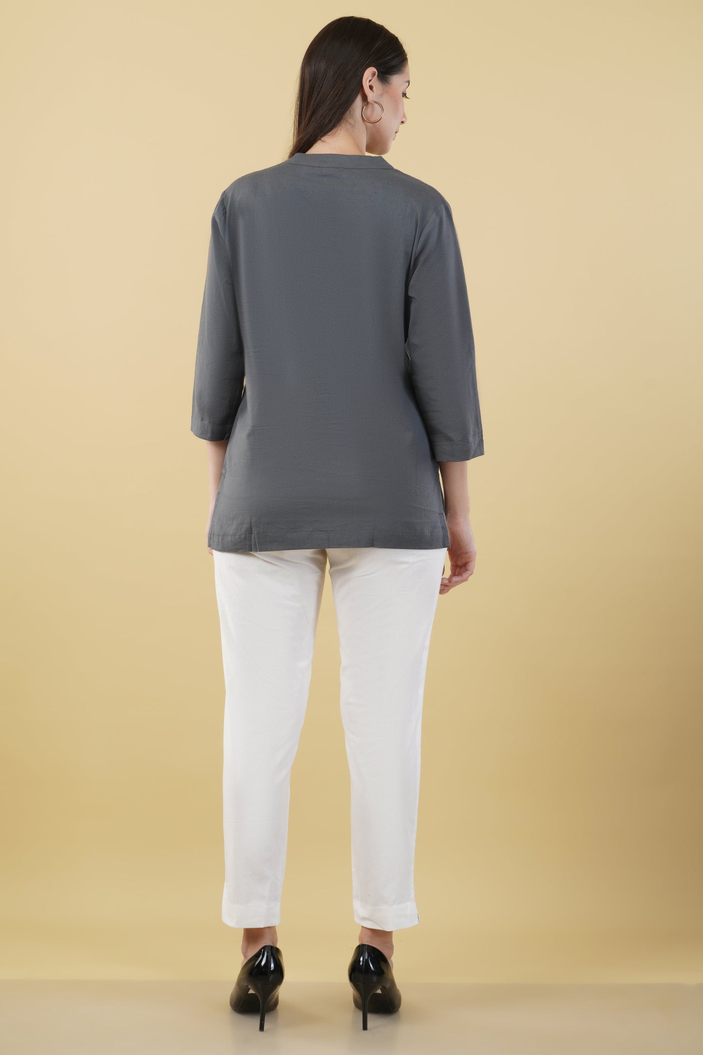 SLATE GREY LINEN SHORT KURTA - SAFED DHAGA 