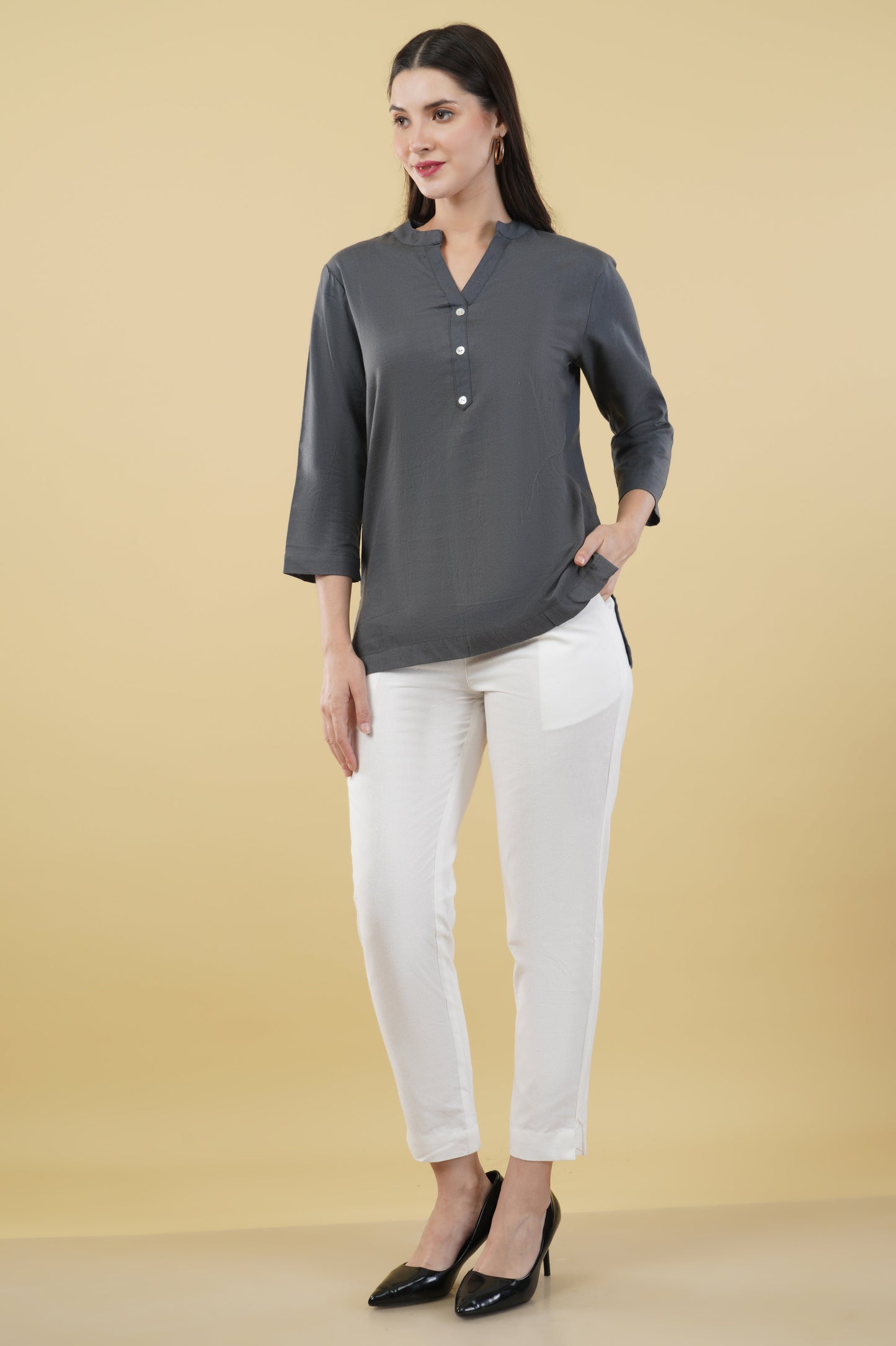 SLATE GREY LINEN SHORT KURTA - SAFED DHAGA 
