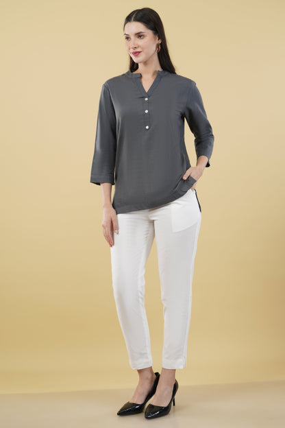 SLATE GREY LINEN SHORT KURTA - SAFED DHAGA 