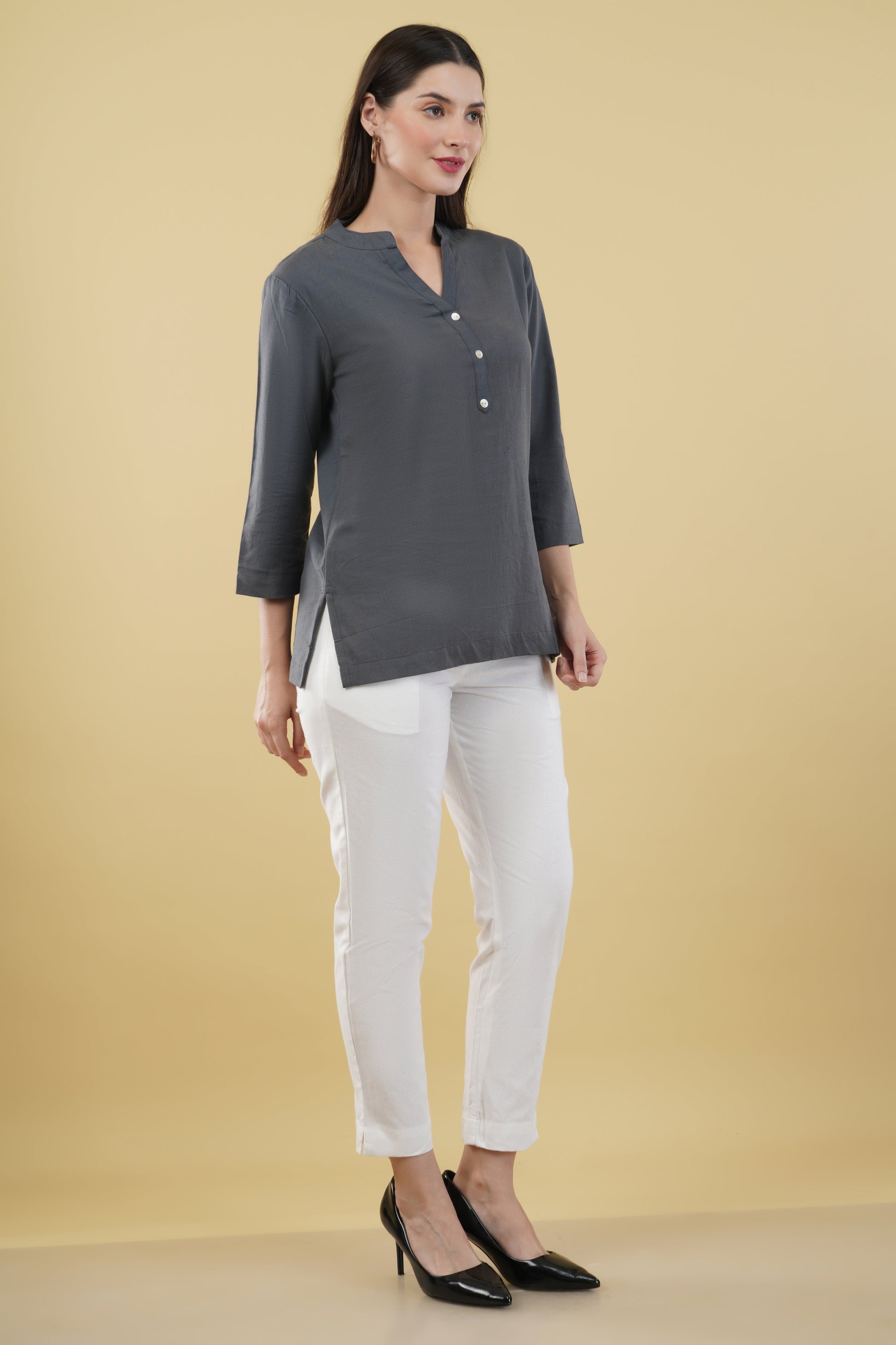 SLATE GREY LINEN SHORT KURTA - SAFED DHAGA 