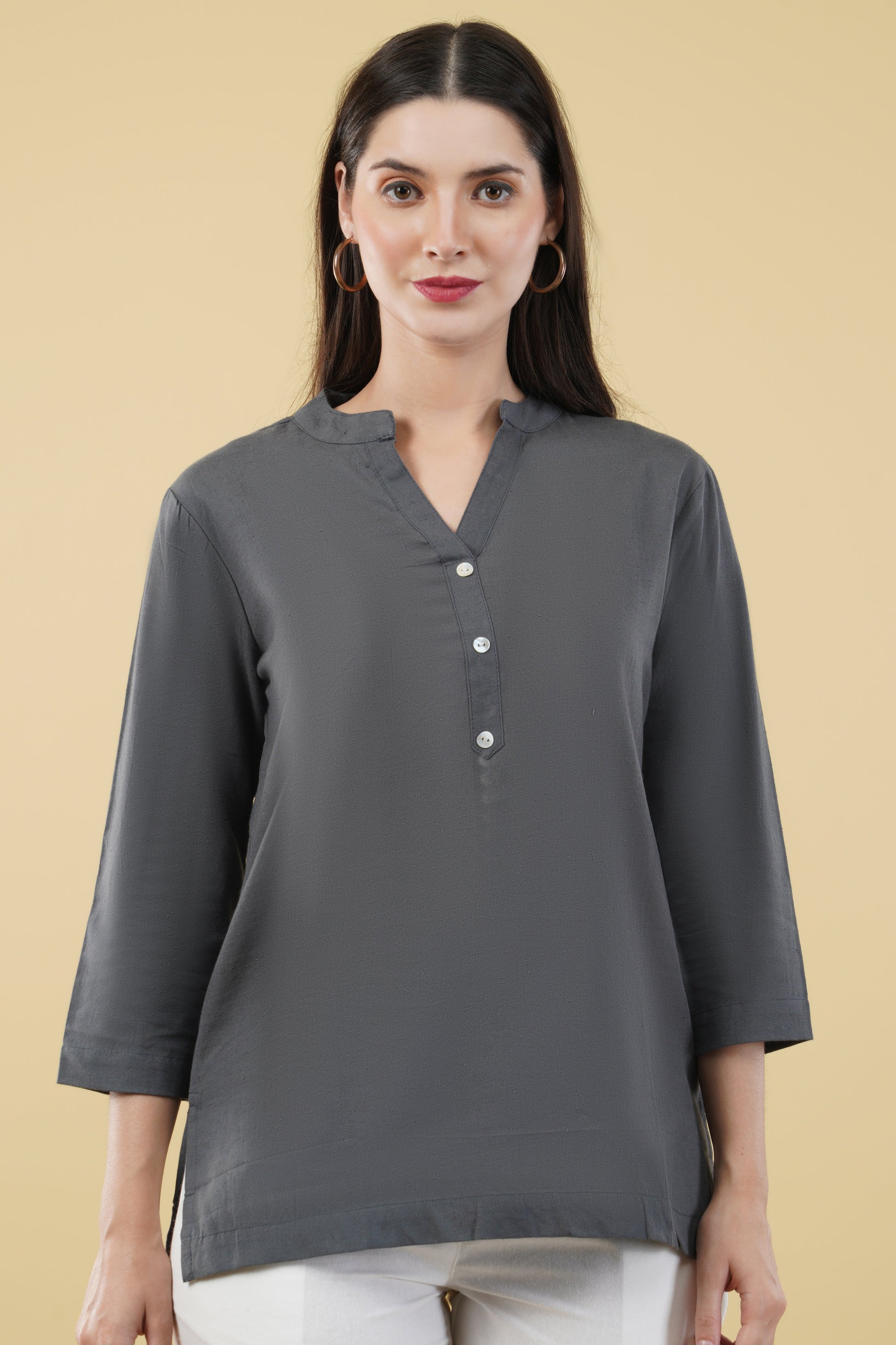 SLATE GREY LINEN SHORT KURTA - SAFED DHAGA 