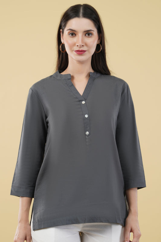 SLATE GREY LINEN SHORT KURTA - SAFED DHAGA 