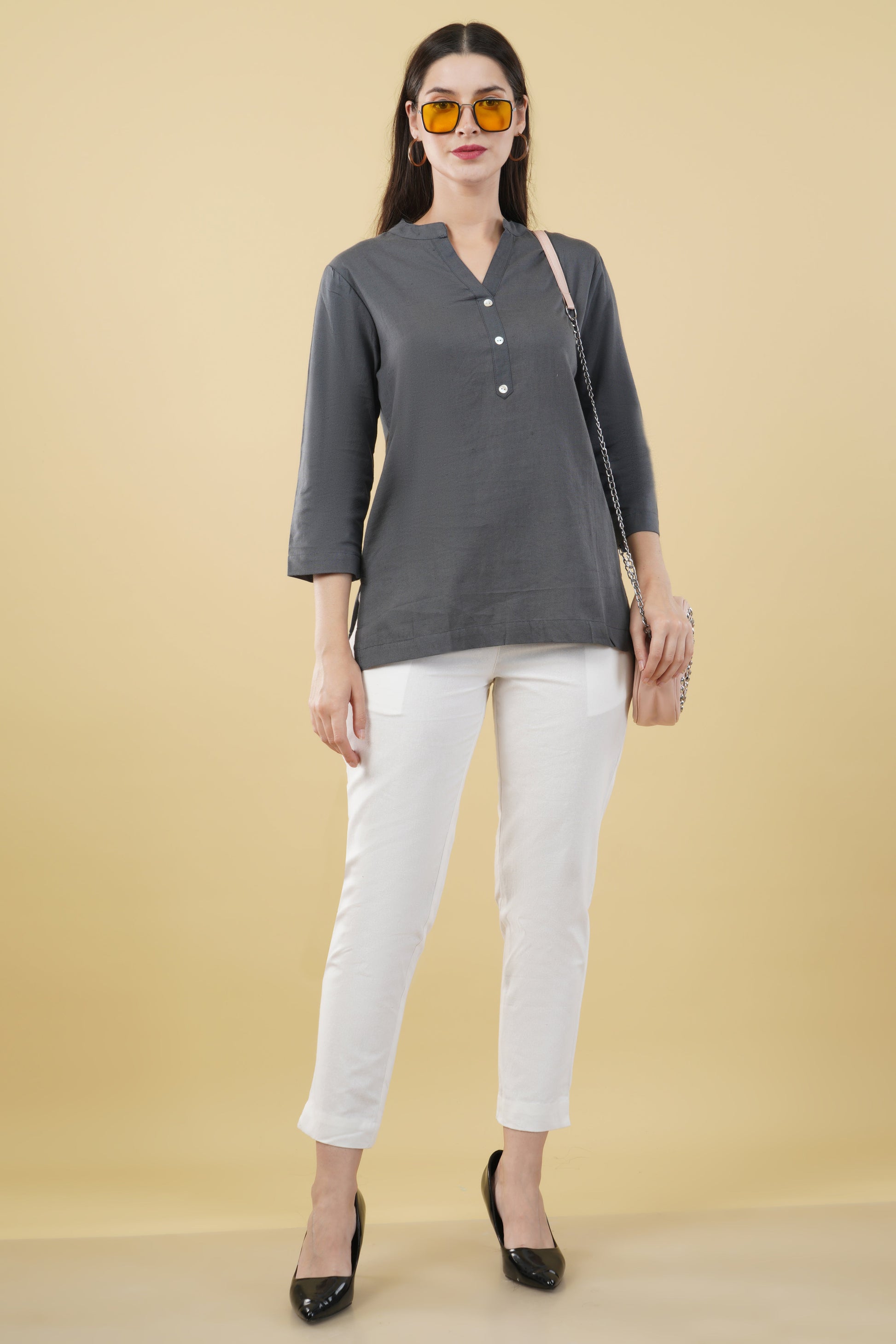 SLATE GREY LINEN SHORT KURTA - SAFED DHAGA 