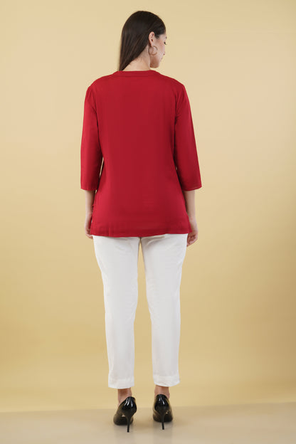 MAROON LINEN SHORT KURTA - SAFED DHAGA 