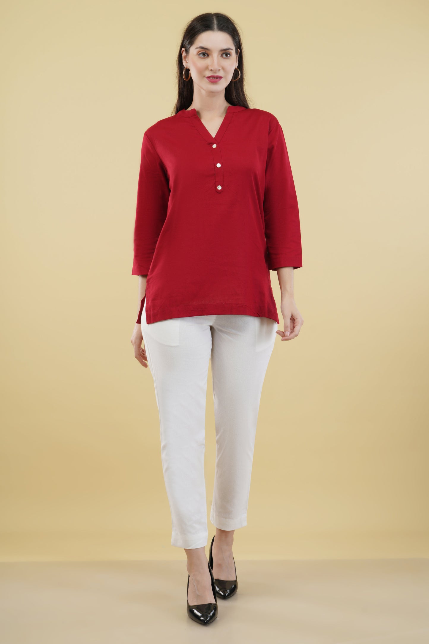 MAROON LINEN SHORT KURTA - SAFED DHAGA 