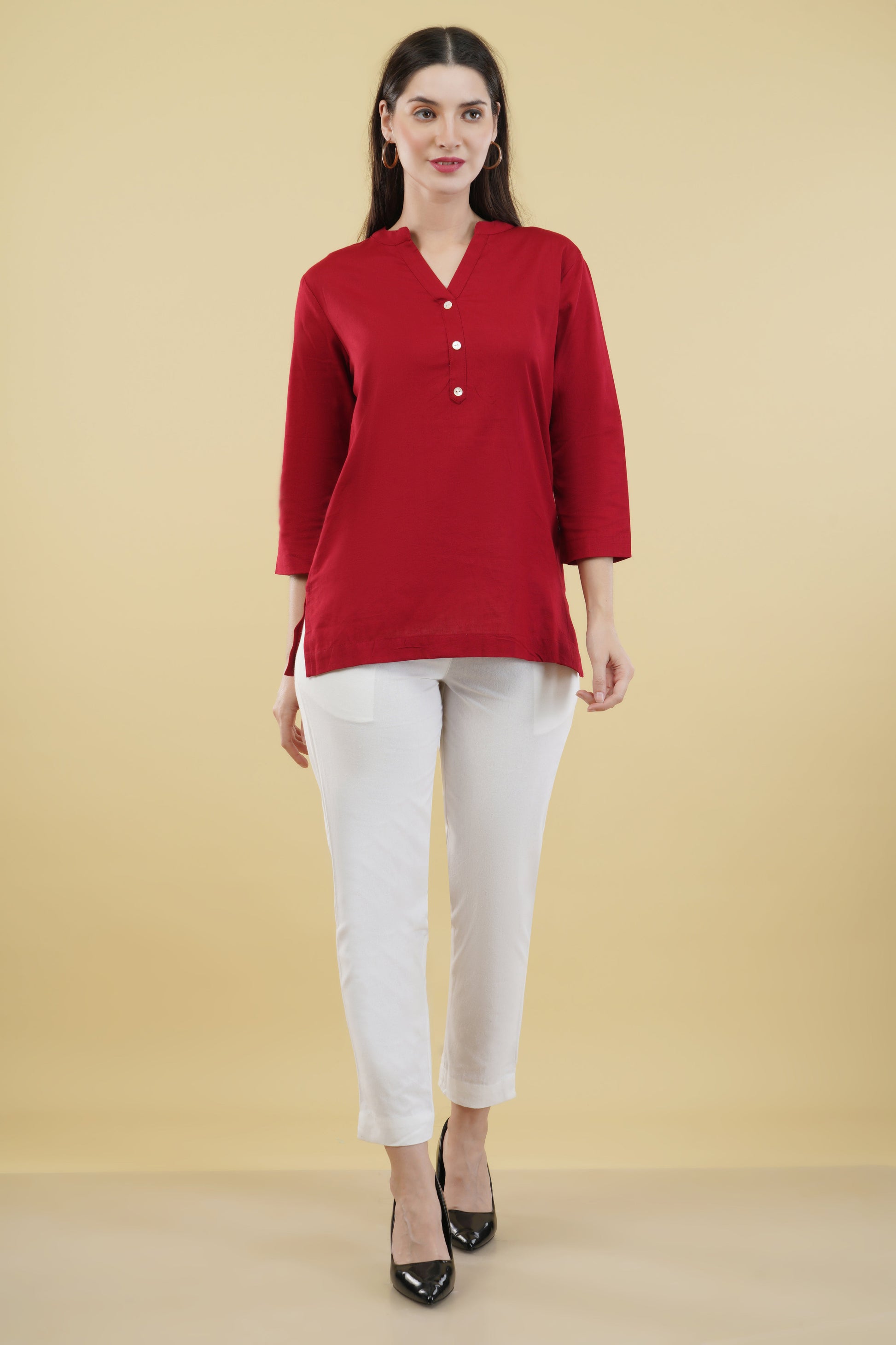 MAROON LINEN SHORT KURTA - SAFED DHAGA 