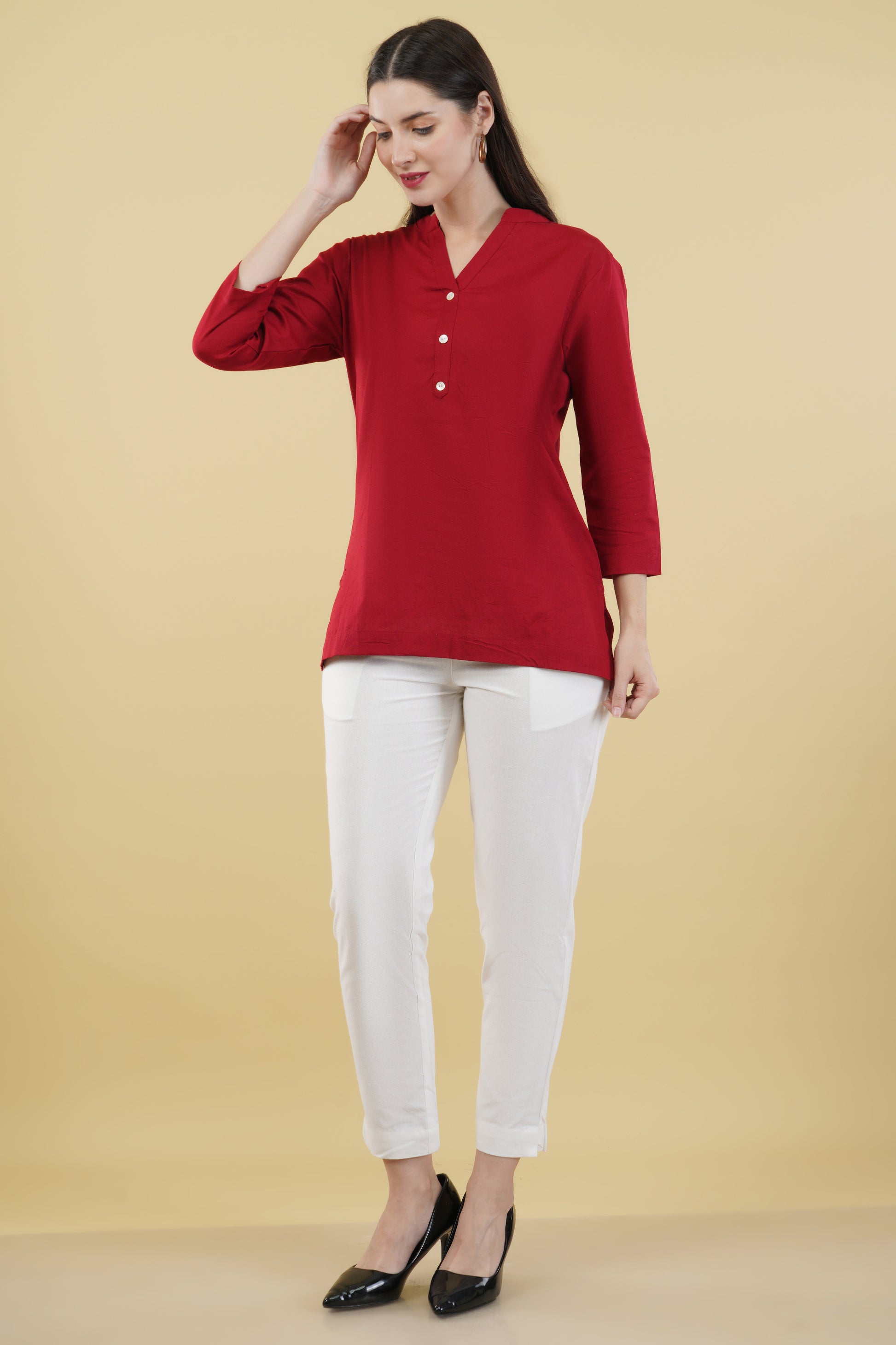 MAROON LINEN SHORT KURTA - SAFED DHAGA 