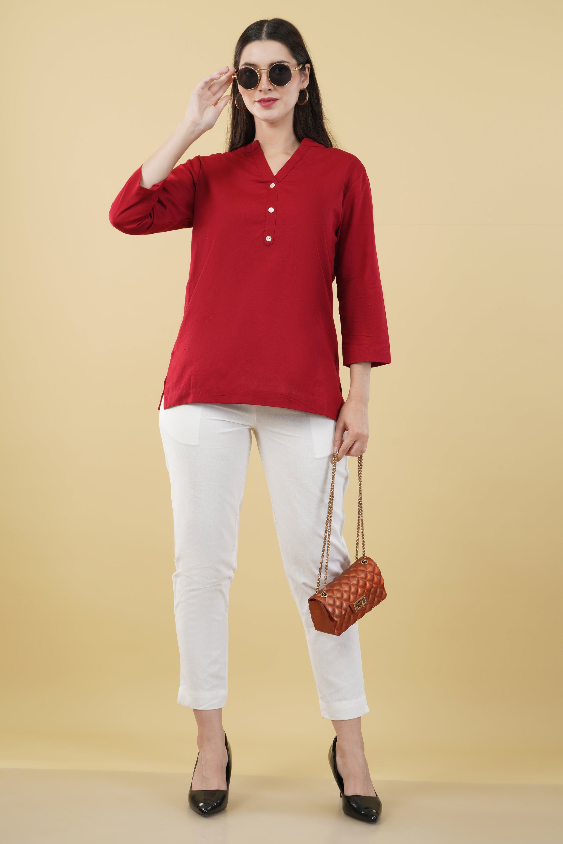 MAROON LINEN SHORT KURTA - SAFED DHAGA 