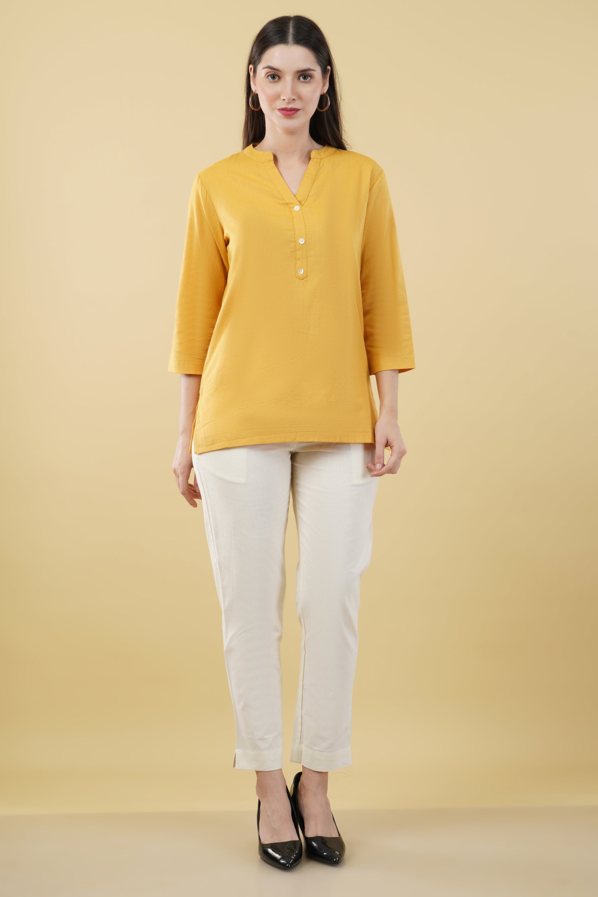 MUSTARD LINEN SHORT KURTA - SAFED DHAGA 
