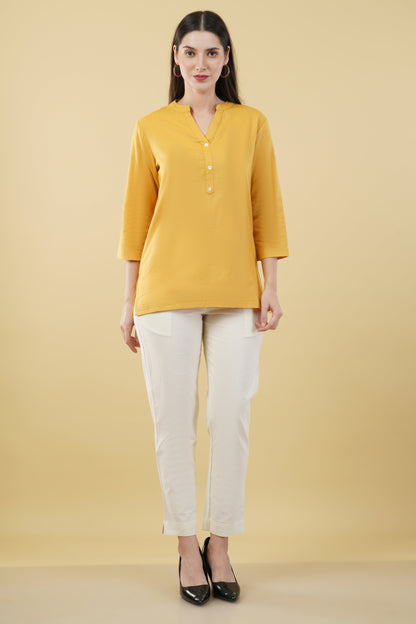 MUSTARD LINEN SHORT KURTA - SAFED DHAGA 