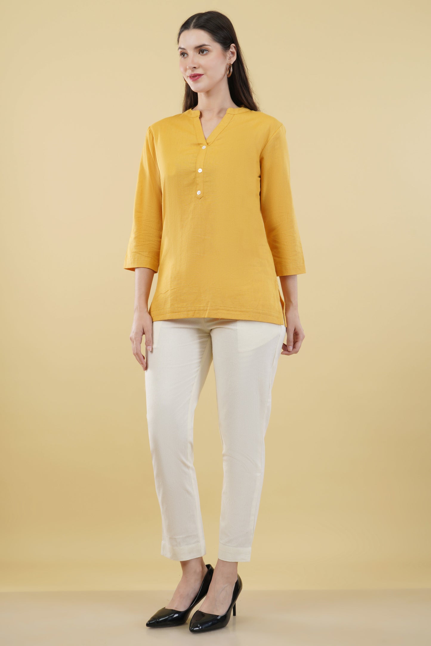 MUSTARD LINEN SHORT KURTA - SAFED DHAGA 