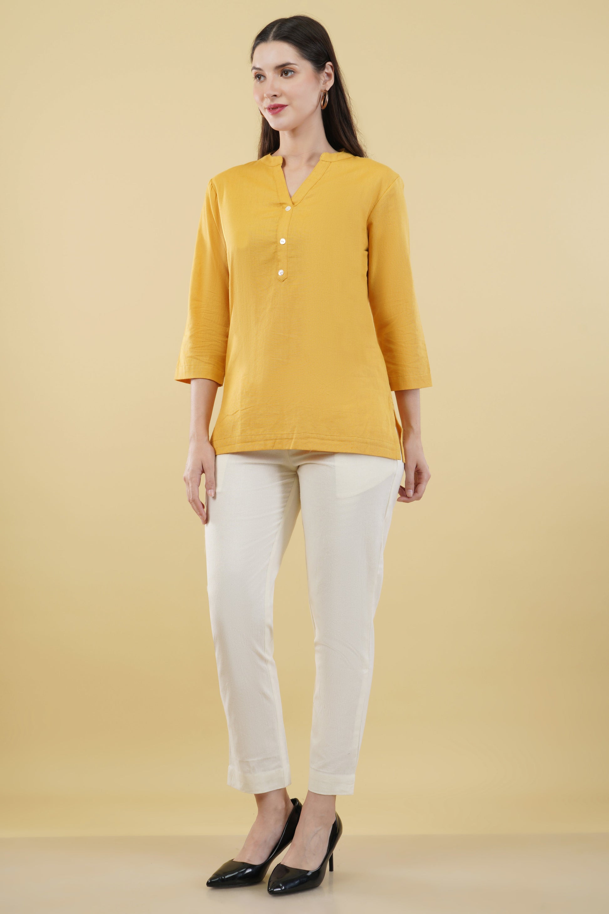 MUSTARD LINEN SHORT KURTA - SAFED DHAGA 