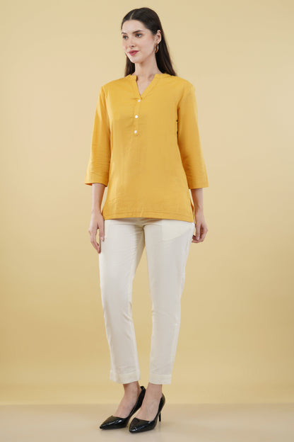 MUSTARD LINEN SHORT KURTA - SAFED DHAGA 