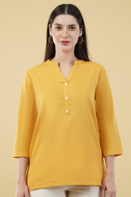MUSTARD LINEN SHORT KURTA - SAFED DHAGA 
