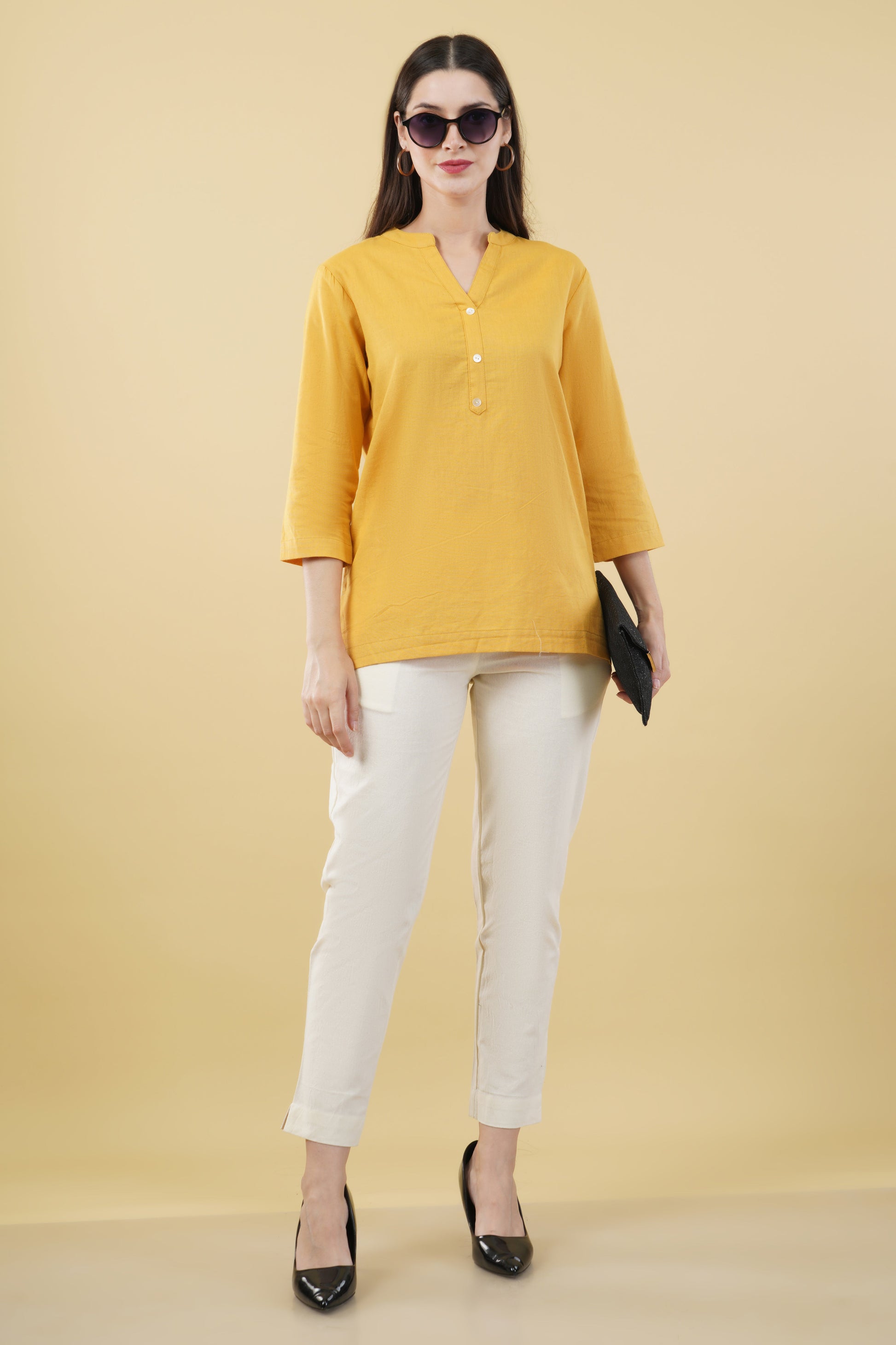 MUSTARD LINEN SHORT KURTA - SAFED DHAGA 