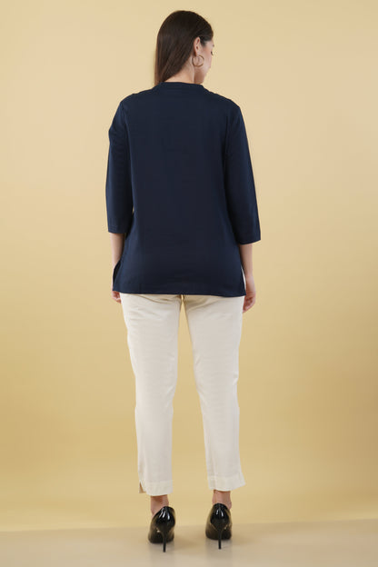 NAVY BLUE LINEN SHORT KURTA - SAFED DHAGA 