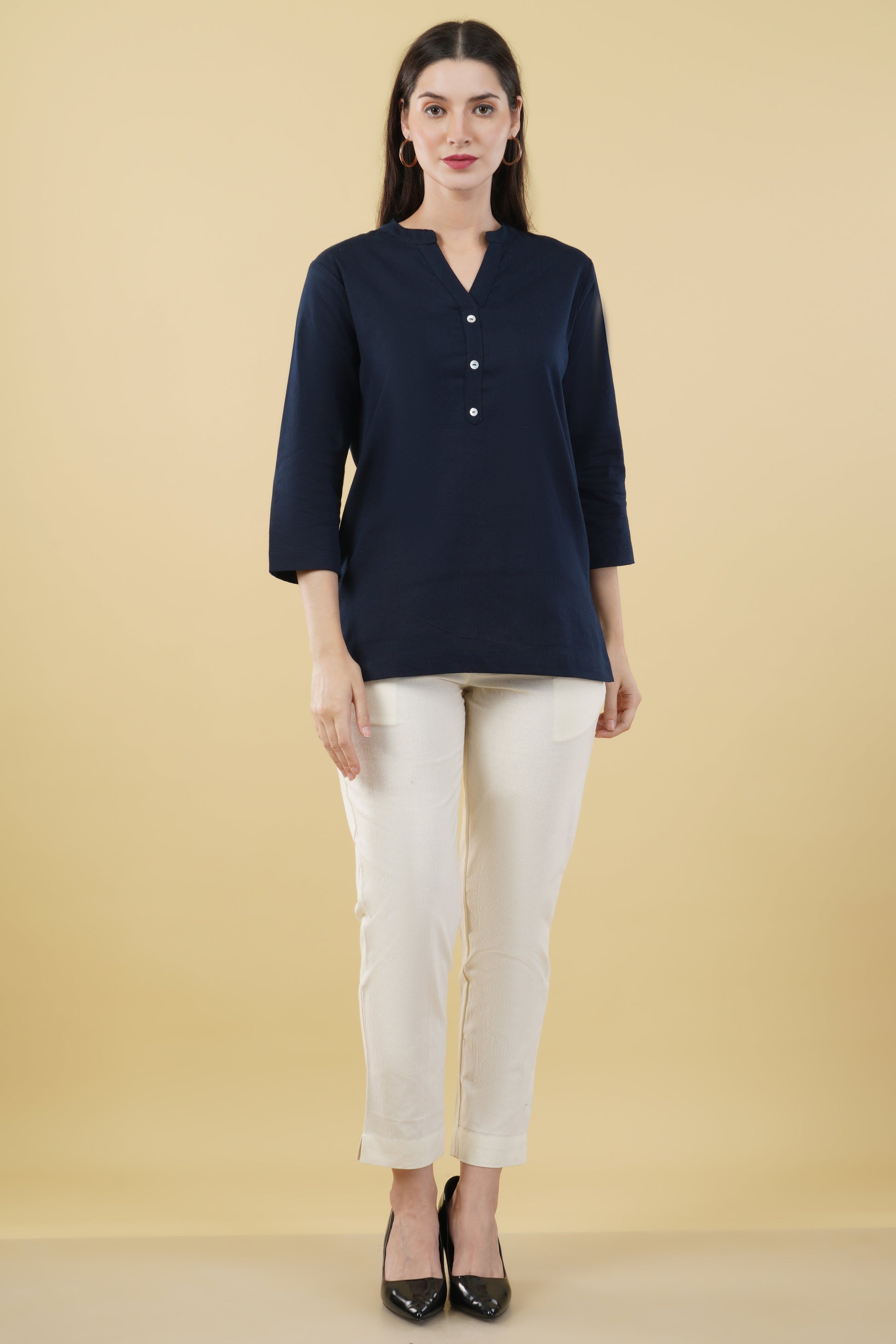 NAVY BLUE LINEN SHORT KURTA - SAFED DHAGA 