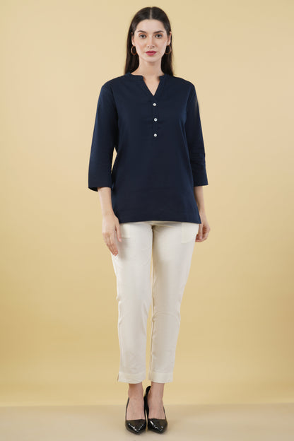 NAVY BLUE LINEN SHORT KURTA - SAFED DHAGA 