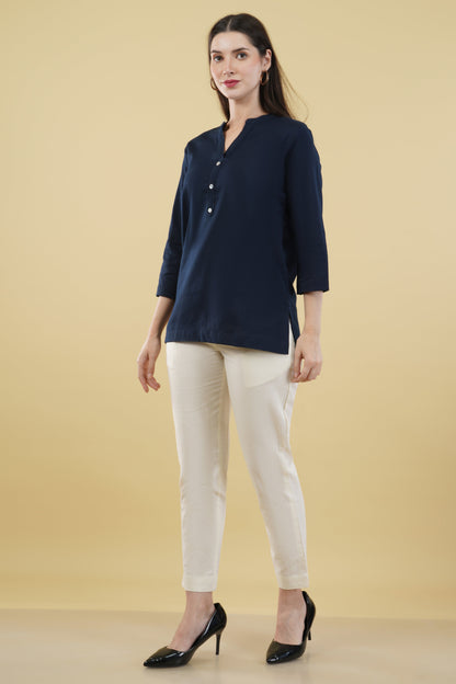 NAVY BLUE LINEN SHORT KURTA - SAFED DHAGA 