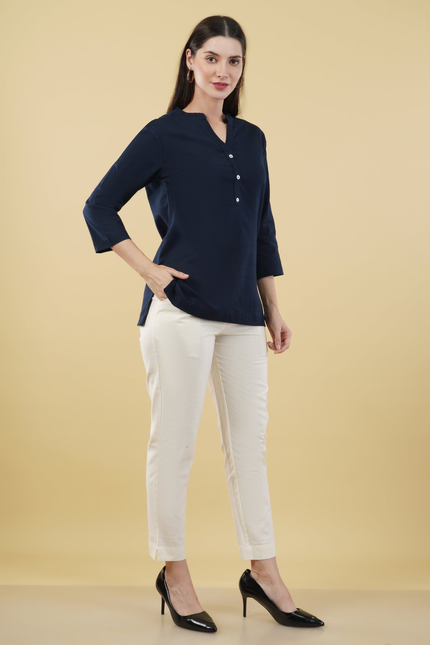 NAVY BLUE LINEN SHORT KURTA - SAFED DHAGA 