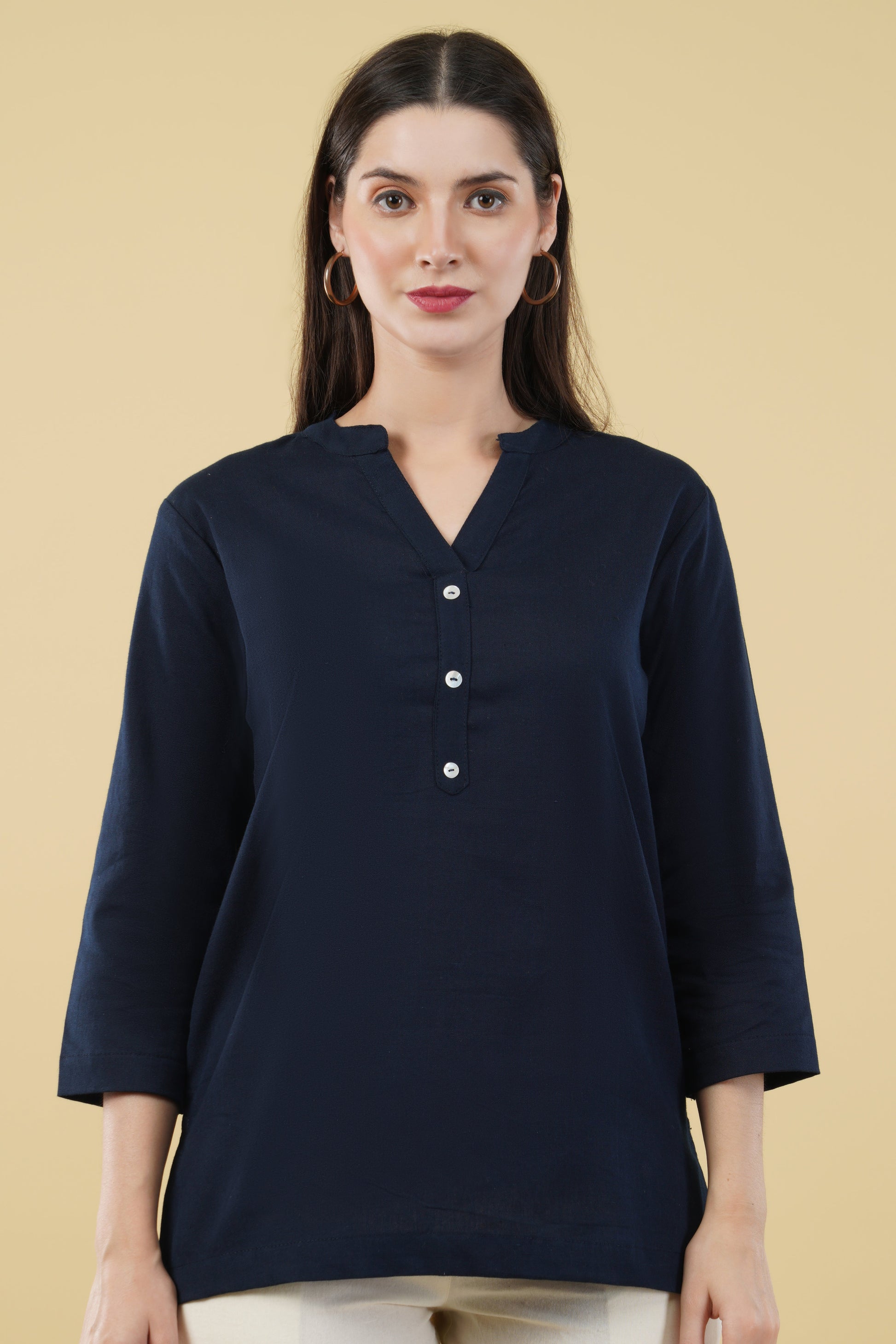 NAVY BLUE LINEN SHORT KURTA - SAFED DHAGA 