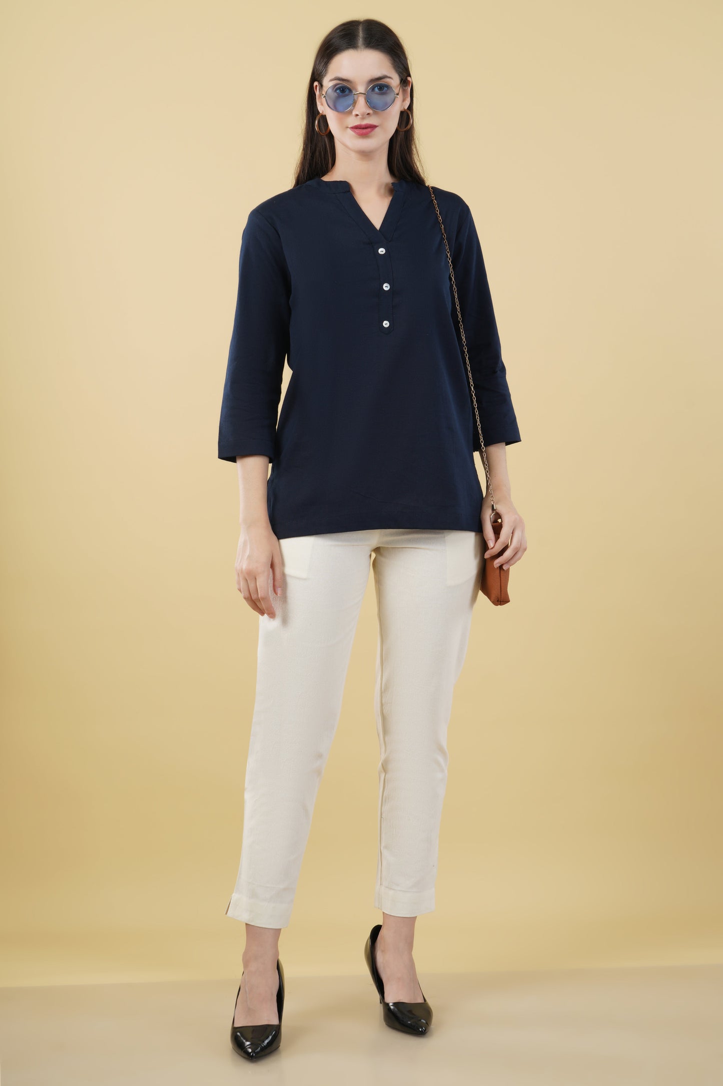 NAVY BLUE LINEN SHORT KURTA - SAFED DHAGA 
