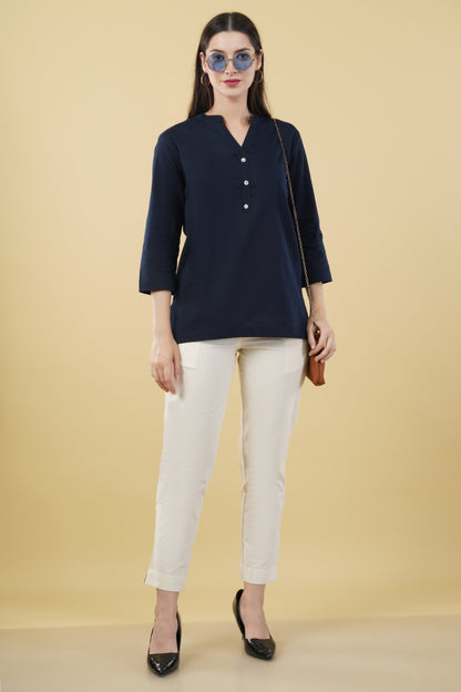 NAVY BLUE LINEN SHORT KURTA - SAFED DHAGA 