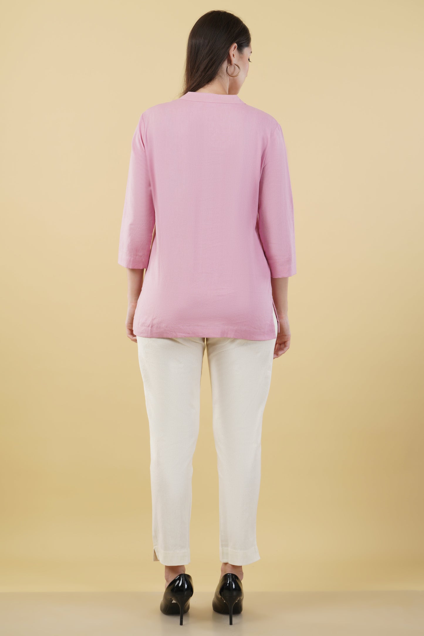 PINK LINEN SHORT KURTA - SAFED DHAGA 