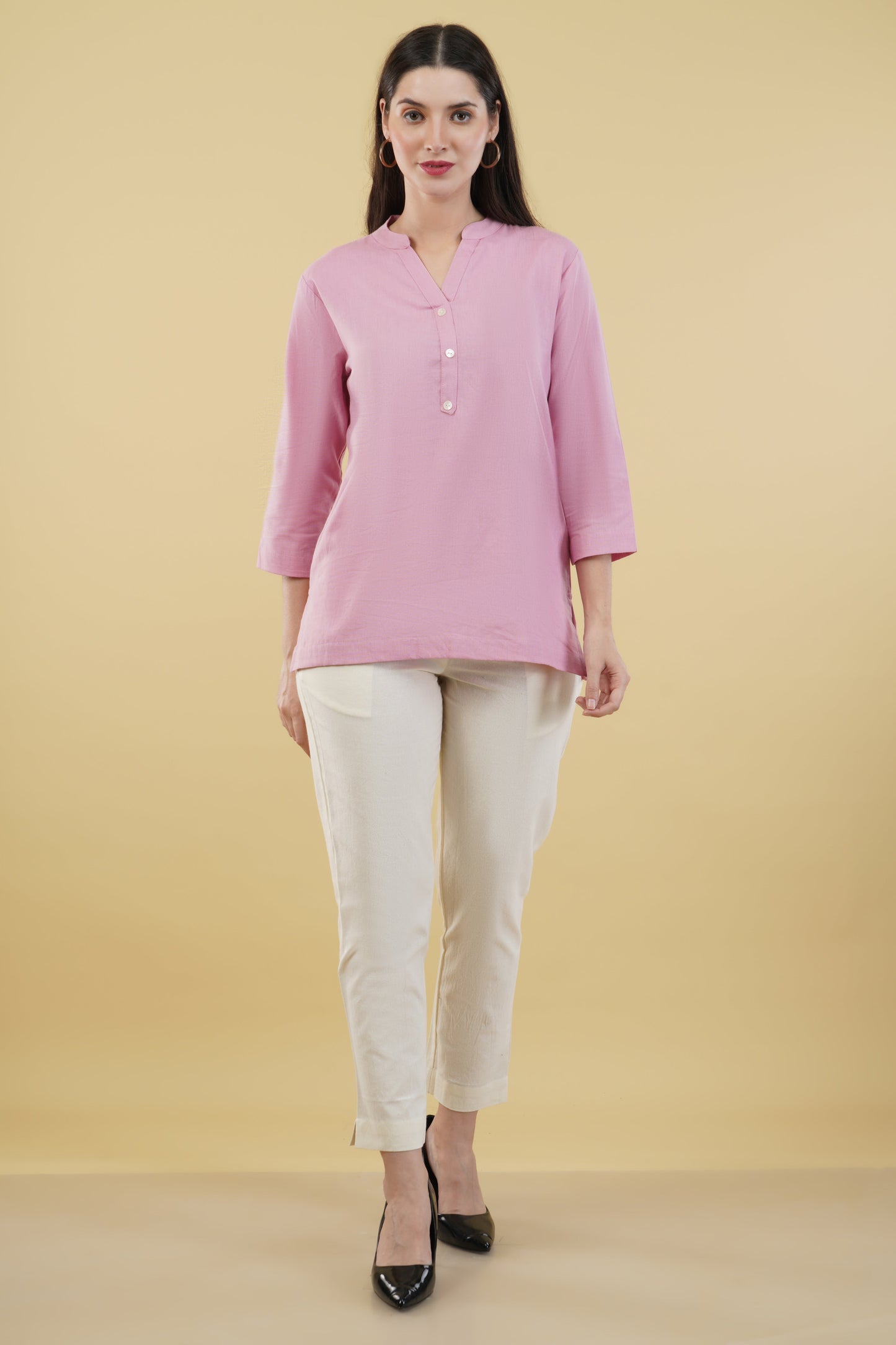 PINK LINEN SHORT KURTA - SAFED DHAGA 