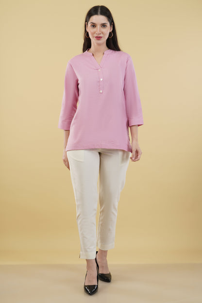 PINK LINEN SHORT KURTA - SAFED DHAGA 
