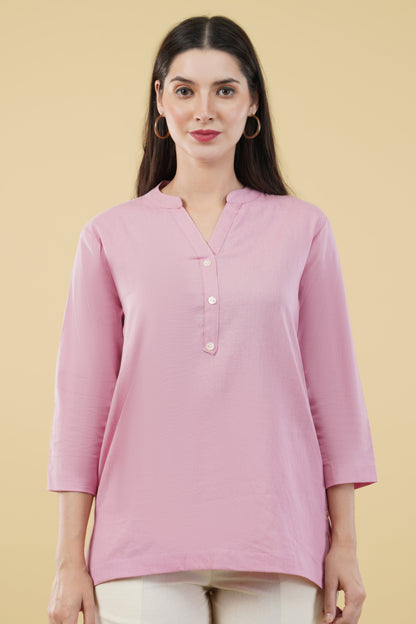 PINK LINEN SHORT KURTA - SAFED DHAGA 