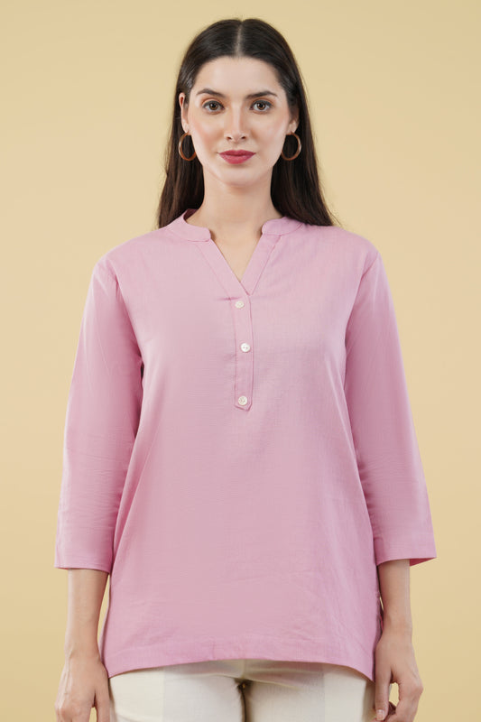 PINK LINEN SHORT KURTA - SAFED DHAGA 
