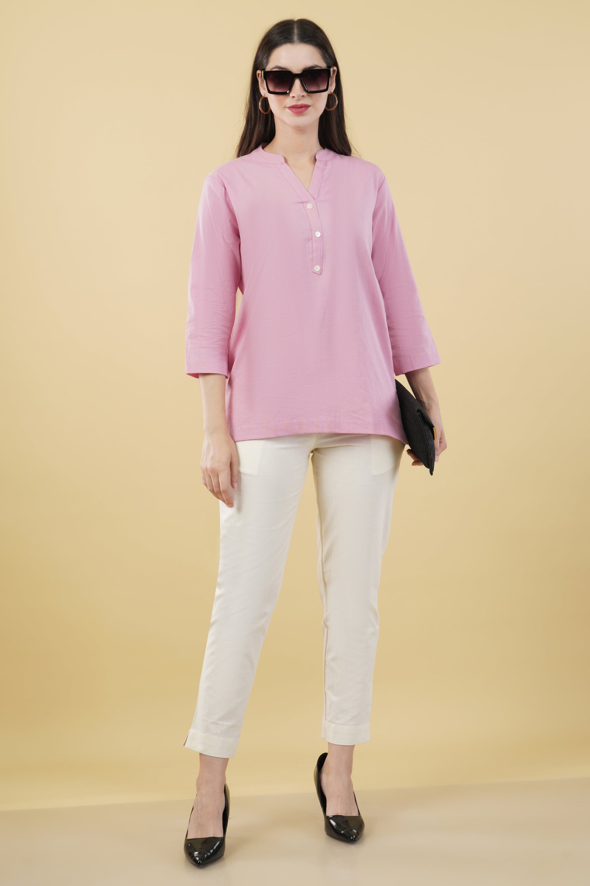 PINK LINEN SHORT KURTA - SAFED DHAGA 