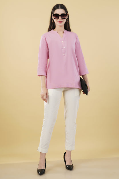 PINK LINEN SHORT KURTA - SAFED DHAGA 