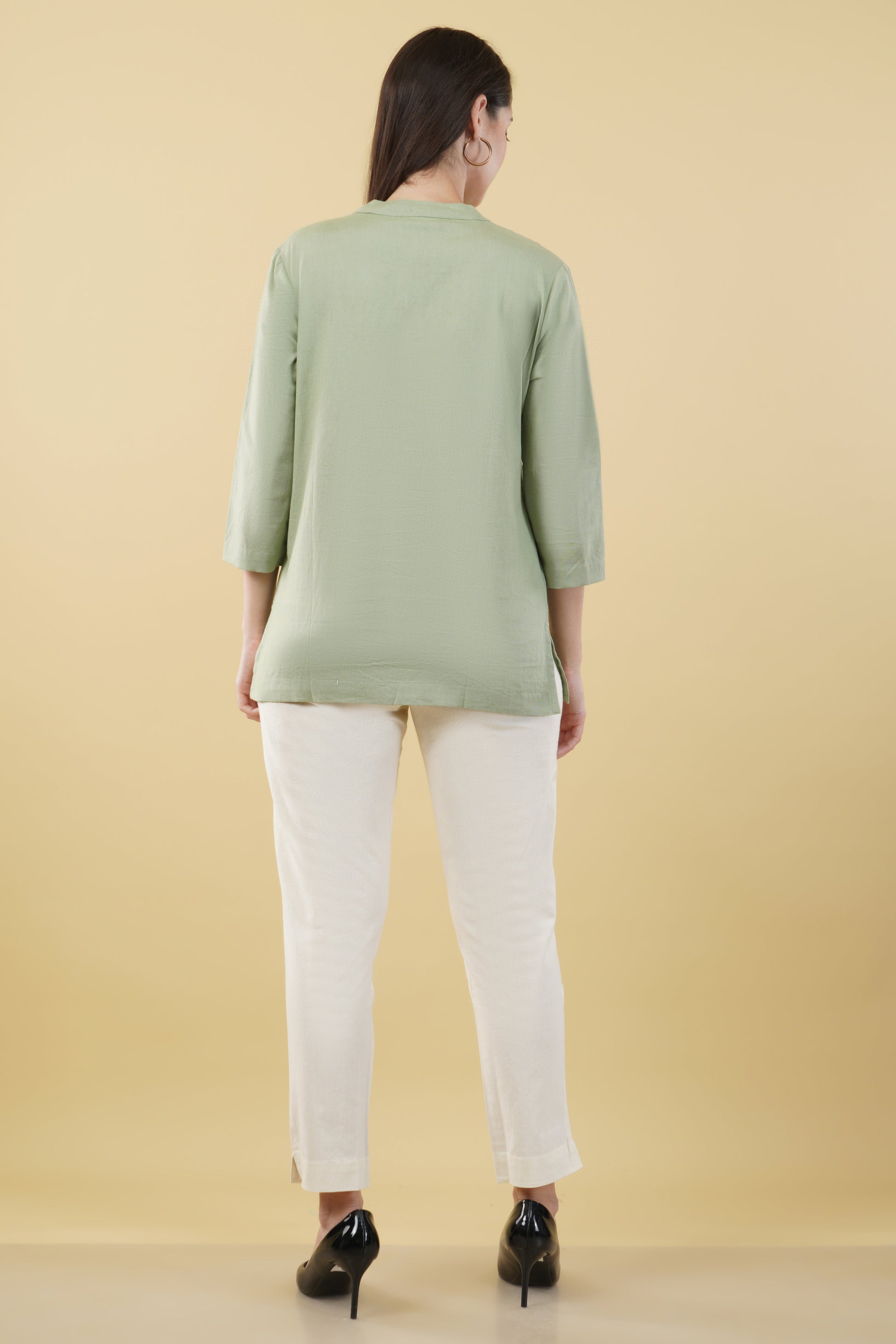 MINT GREEN LINEN SHORT KURTA - SAFED DHAGA 