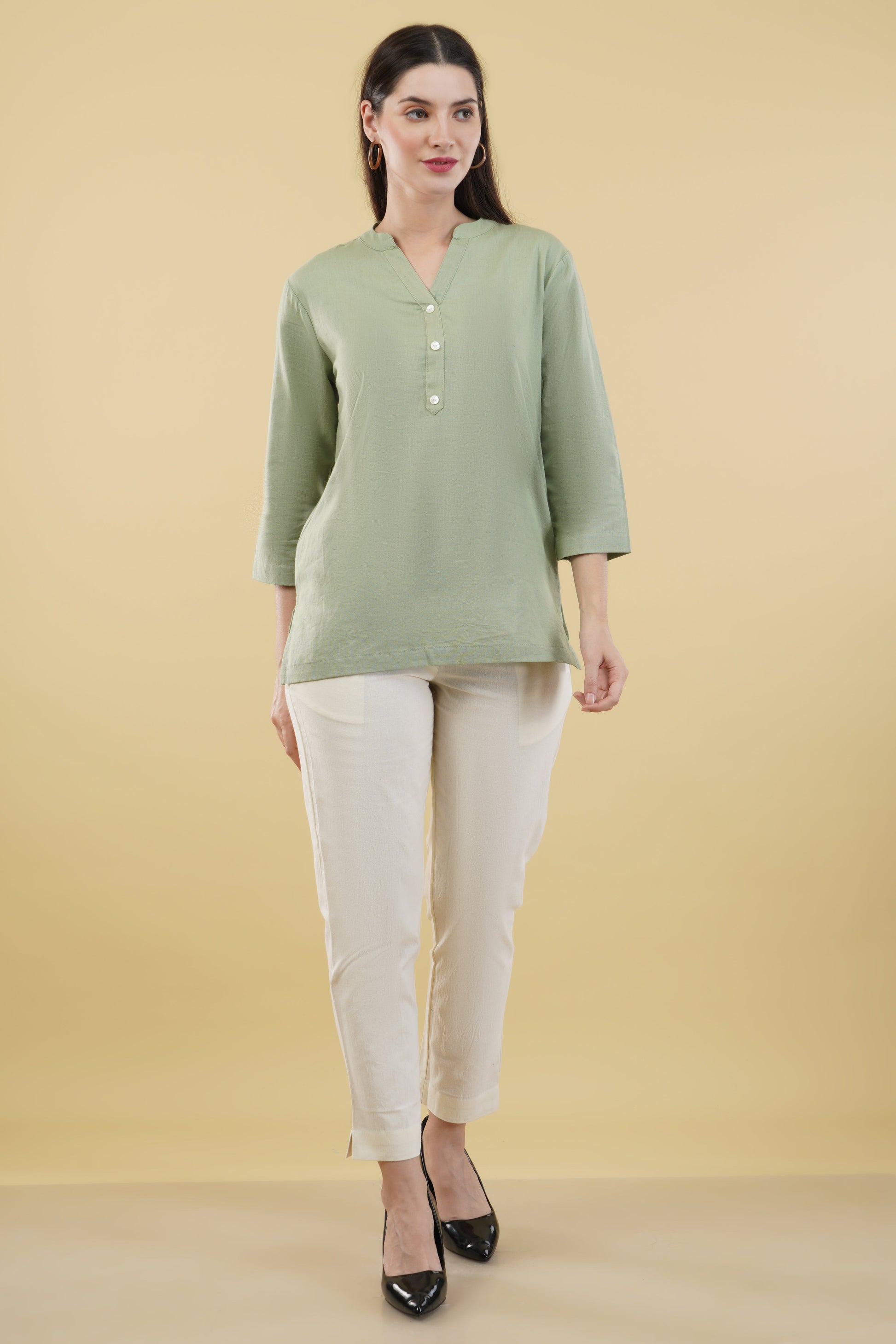 MINT GREEN LINEN SHORT KURTA - SAFED DHAGA 