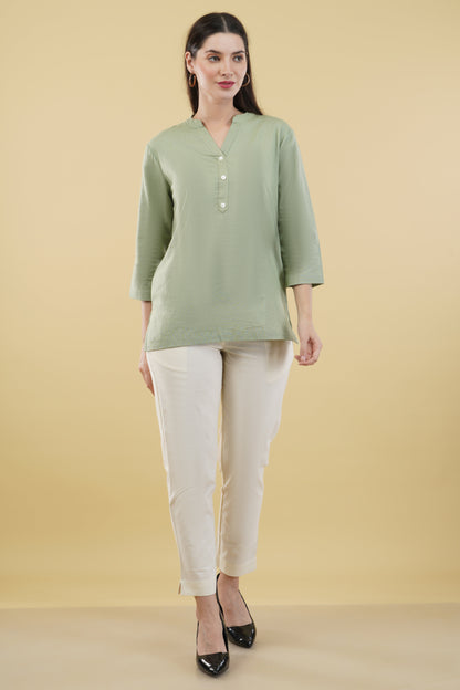 MINT GREEN LINEN SHORT KURTA - SAFED DHAGA 
