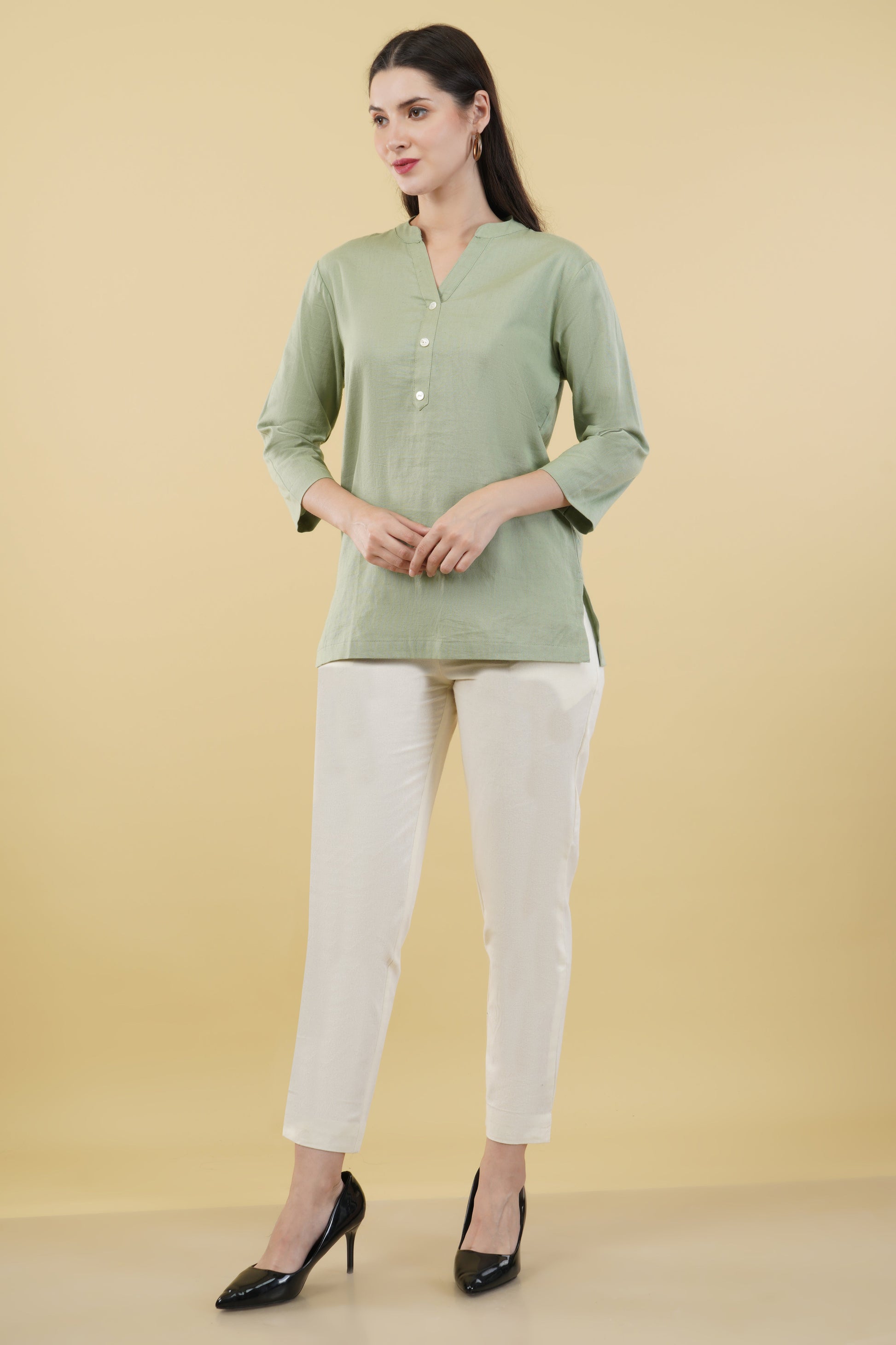 MINT GREEN LINEN SHORT KURTA - SAFED DHAGA 