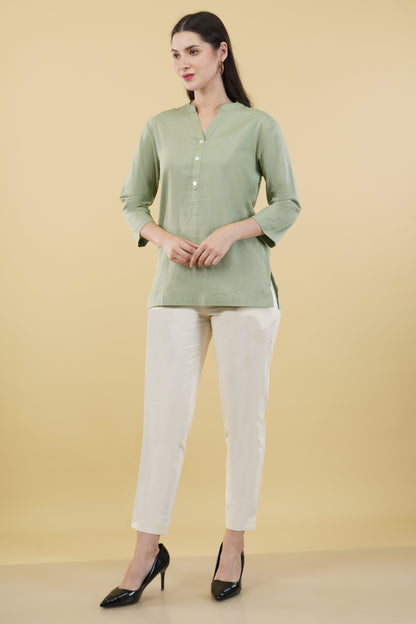 MINT GREEN LINEN SHORT KURTA - SAFED DHAGA 