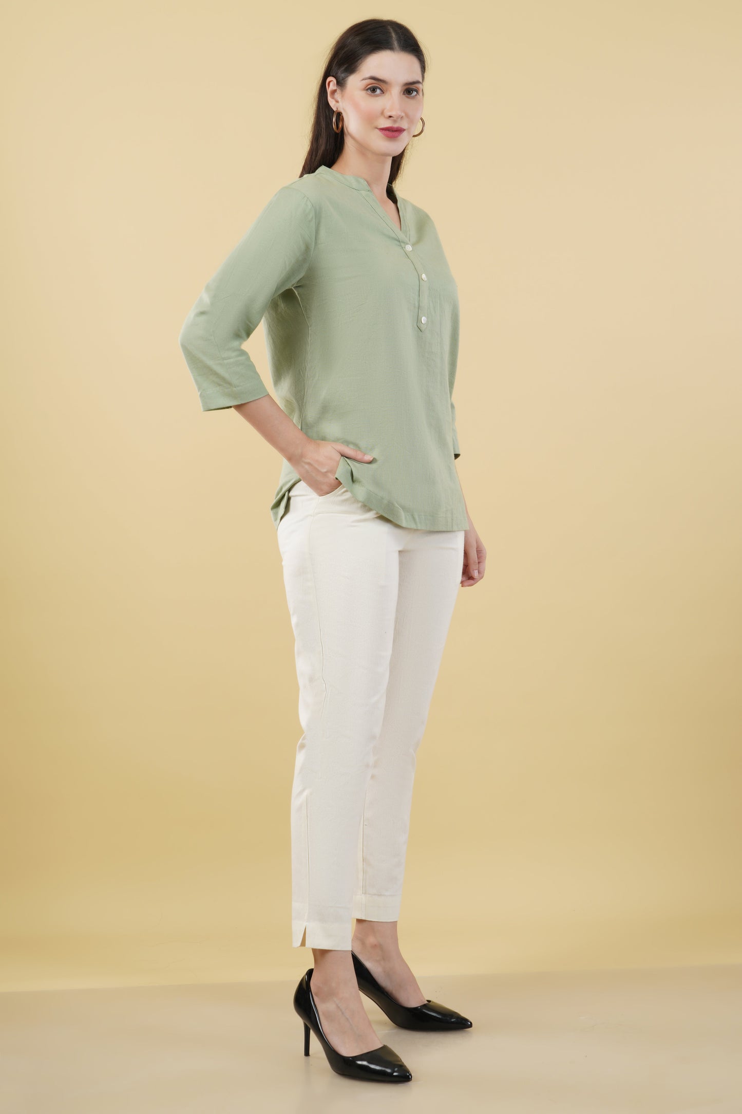 MINT GREEN LINEN SHORT KURTA - SAFED DHAGA 