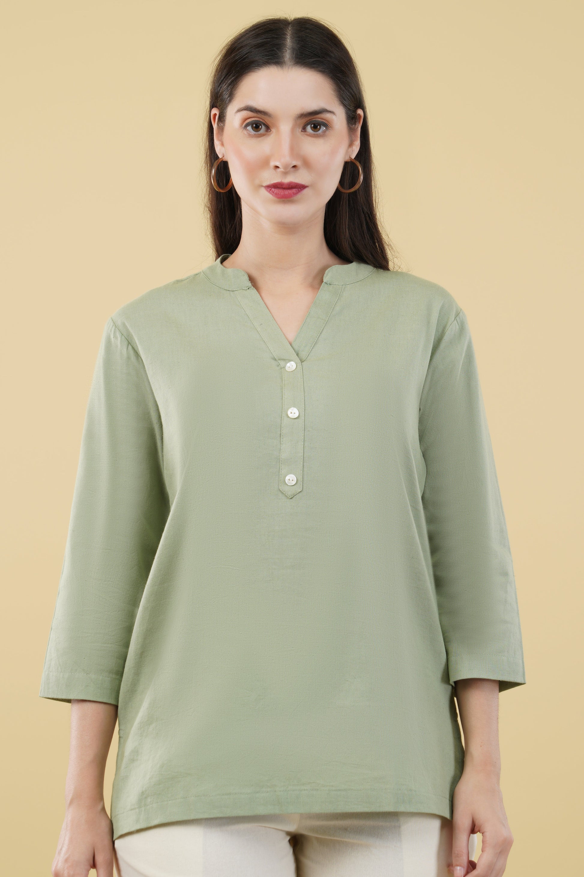 MINT GREEN LINEN SHORT KURTA - SAFED DHAGA 