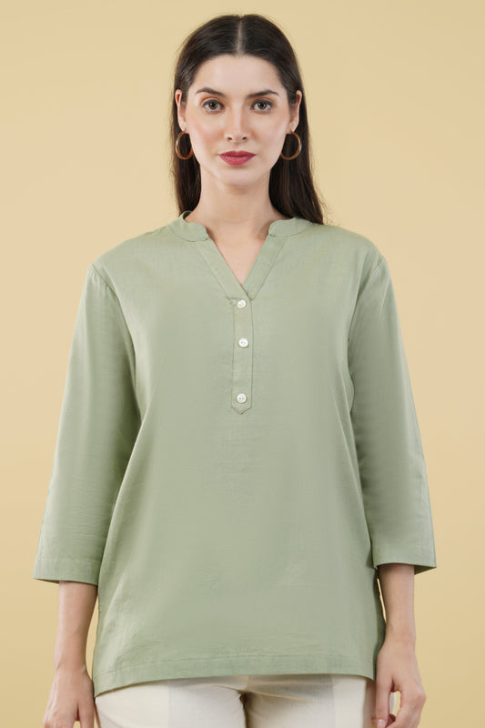 MINT GREEN LINEN SHORT KURTA - SAFED DHAGA 