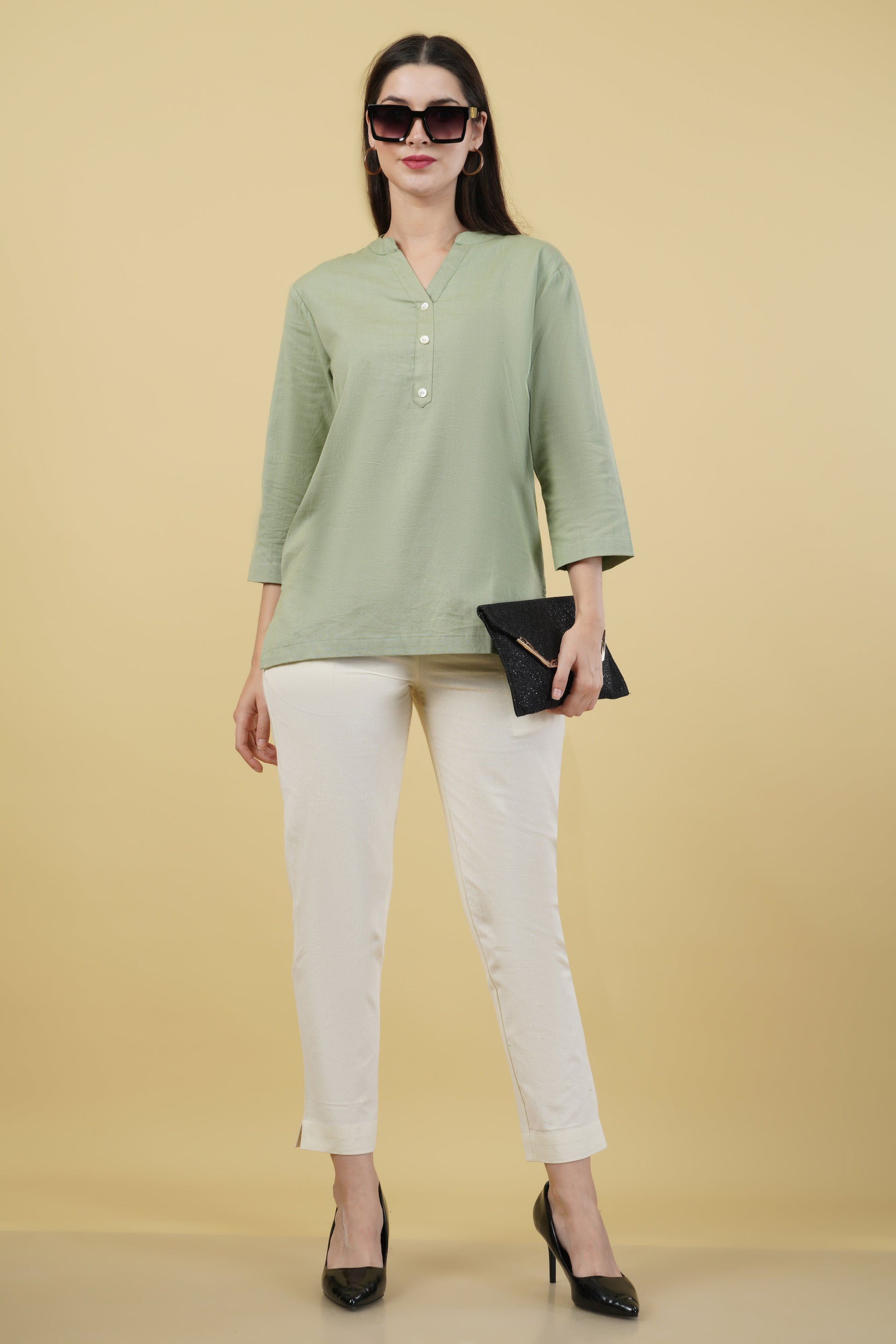 MINT GREEN LINEN SHORT KURTA - SAFED DHAGA 