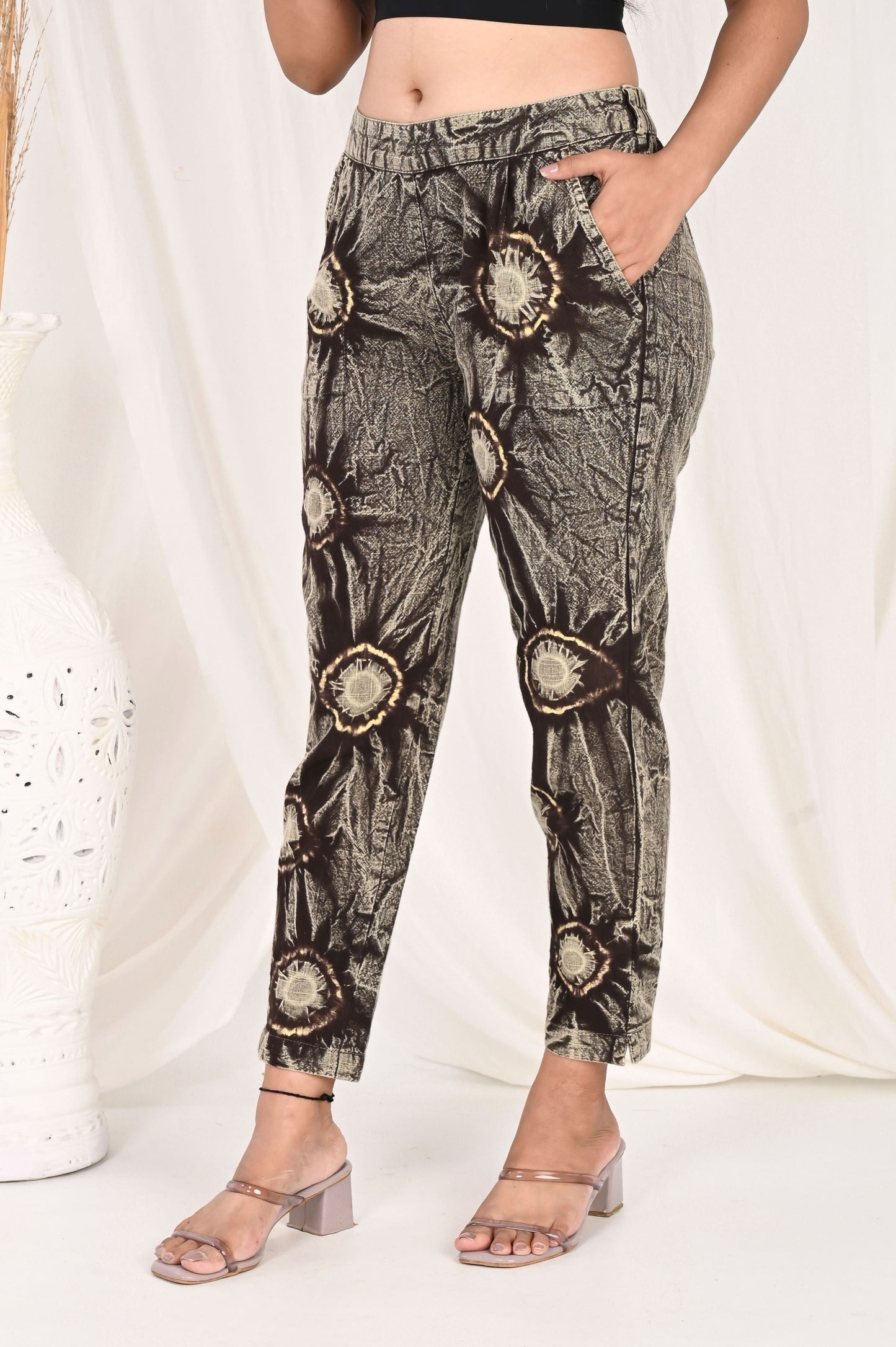 COFFEE BROWN BANDHEJ COTTON PANTS - SAFED DHAGA 