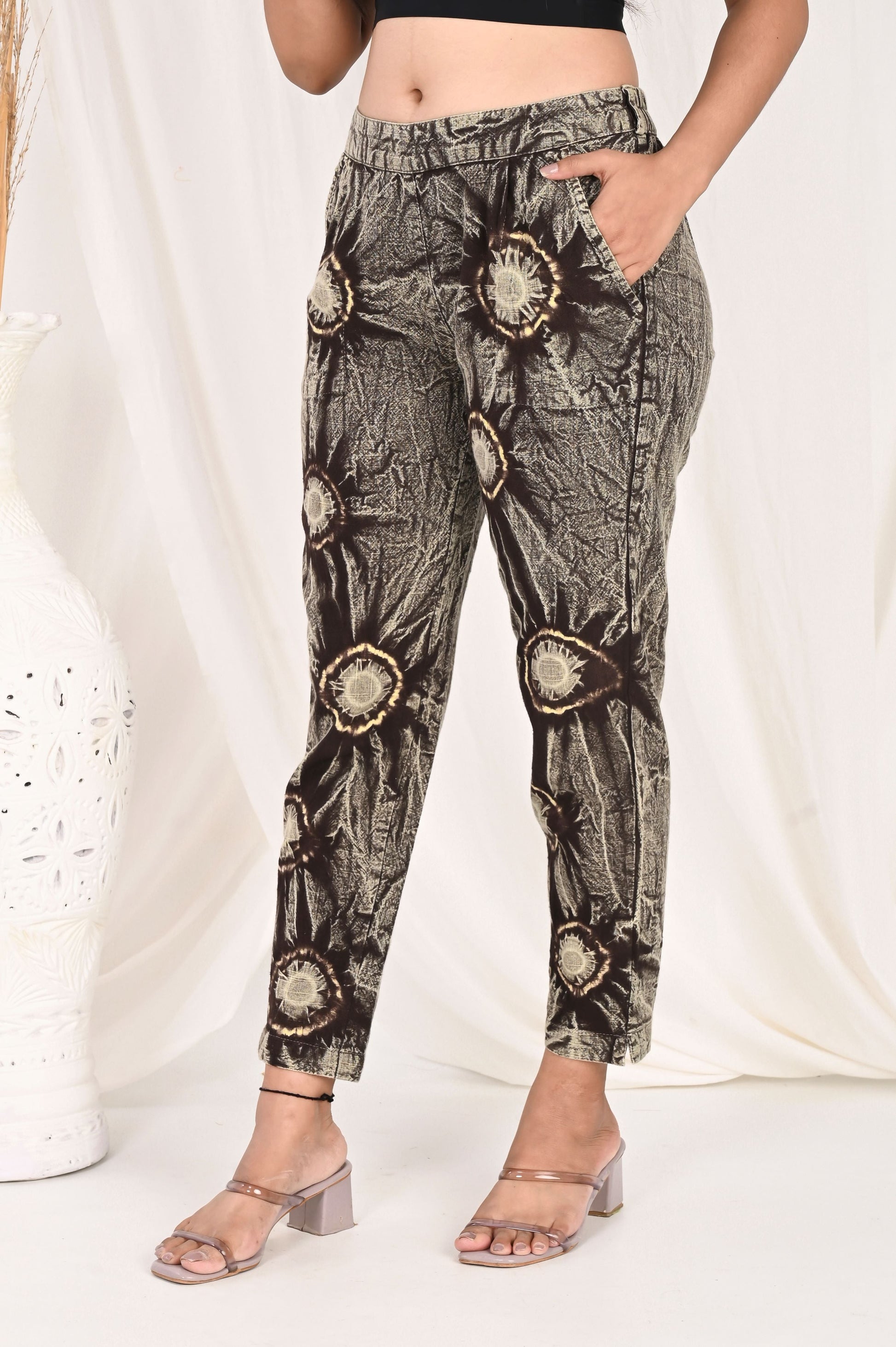 COFFEE BROWN BANDHEJ COTTON PANTS - SAFED DHAGA 