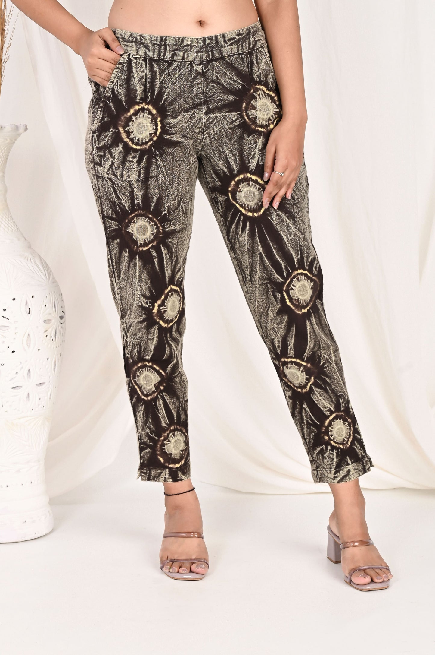 COFFEE BROWN BANDHEJ COTTON PANTS - SAFED DHAGA 