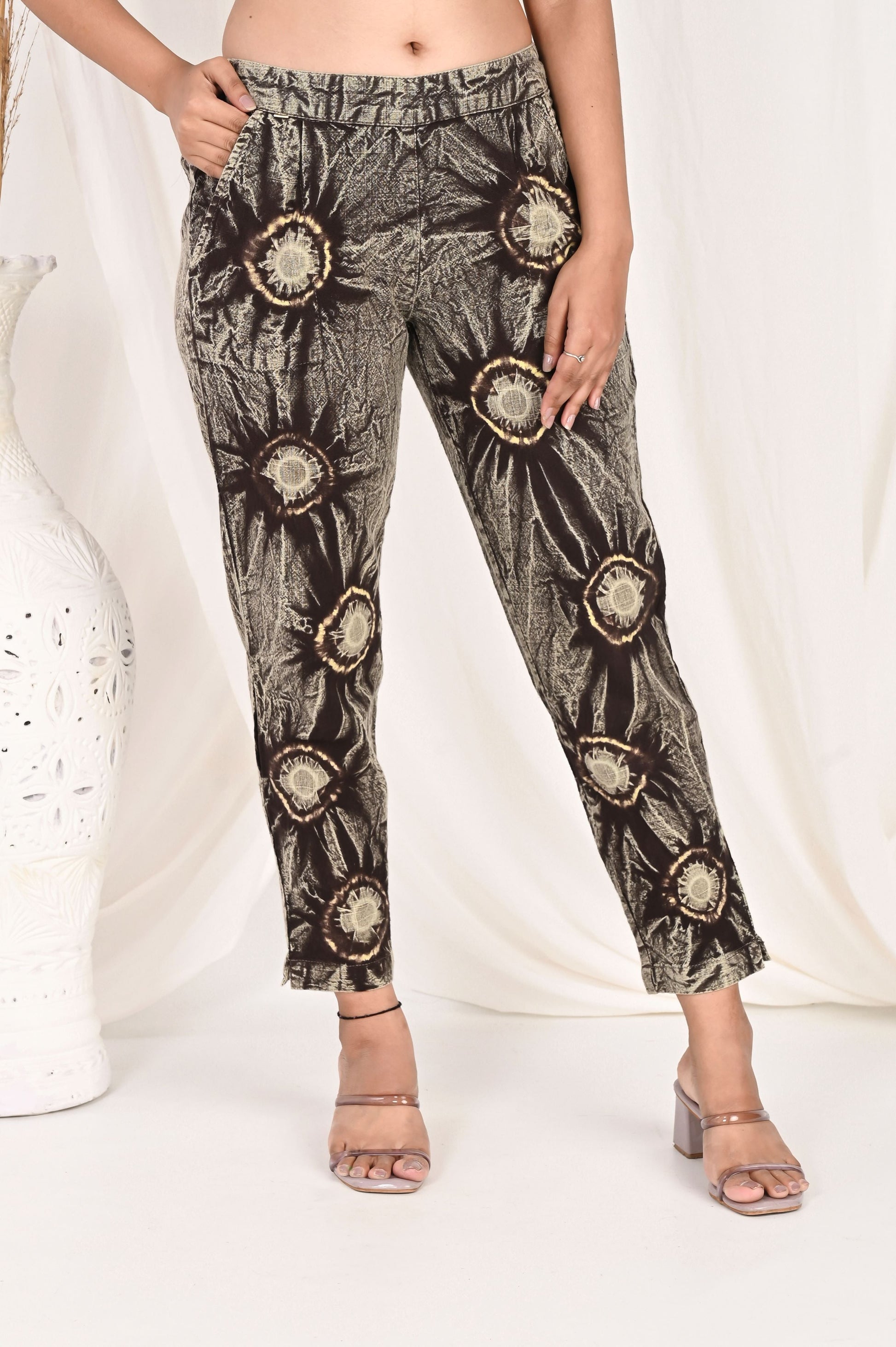 COFFEE BROWN BANDHEJ COTTON PANTS - SAFED DHAGA 