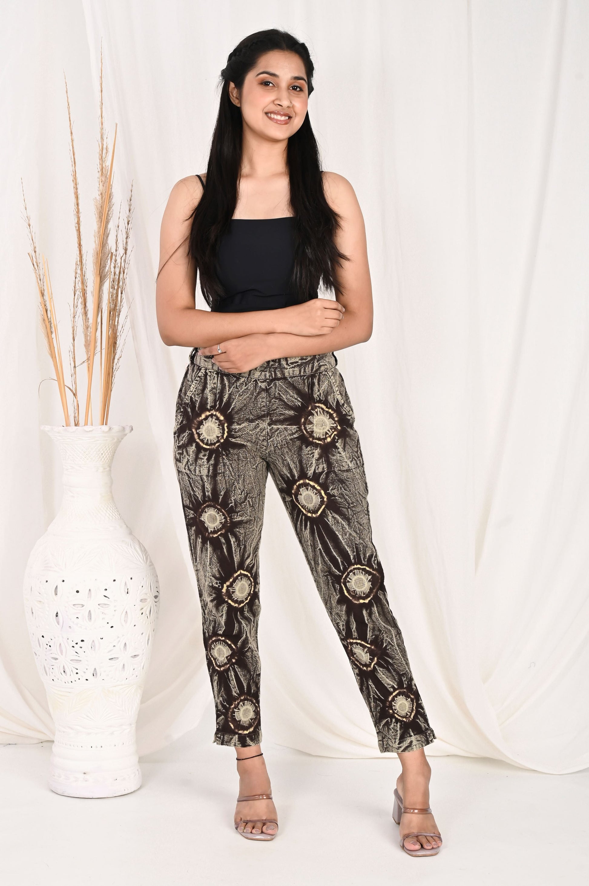 COFFEE BROWN BANDHEJ COTTON PANTS - SAFED DHAGA 
